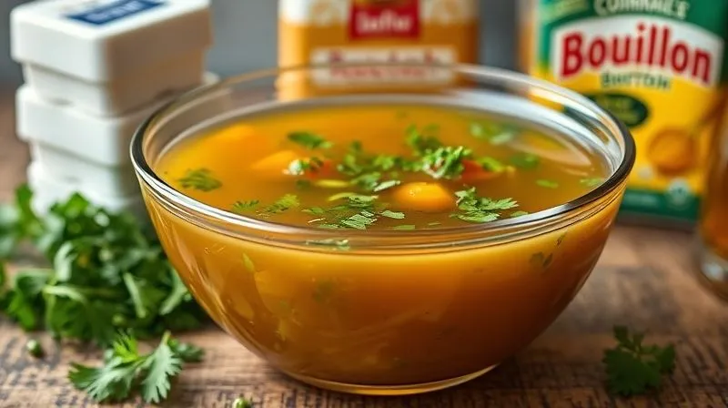 Photorealistic, professional photography, 8K, cinematic lighting, sharp focus, depth of field, shot on a high-end DSLR. A clear glass bowl filled with rich, homemade vegetable broth, with fresh herbs and chopped vegetables visible at the bottom. In the background, out of focus, a stack of commercial bouillon cubes and a packet of processed broth, highlighting the contrast between healthy and unhealthy choices.