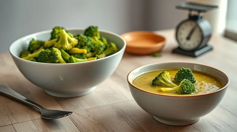 Photorealistic, professional photography, 8K, cinematic lighting, sharp focus, depth of field, shot on a high-end DSLR. A table with two bowls of broccoli soup. One is an overflowing, large bowl, and the other is a perfectly portioned, smaller bowl, emphasizing mindful eating and portion control. A measuring cup and a small kitchen scale are subtly visible in the background.