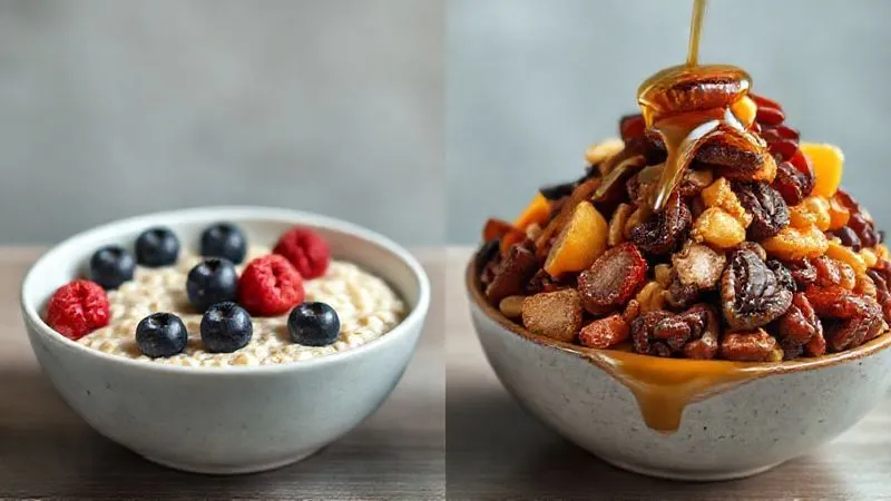 photorealistic, professional photography, 8K, cinematic lighting, sharp focus, depth of field, shot on a high-end DSLR. A single, perfectly portioned bowl of oatmeal with a modest amount of fresh blueberries and raspberries, contrasted with a second, slightly out-of-focus bowl overflowing with a mountain of mixed tropical fruits, dried dates, and a thick layer of honey, illustrating the difference between moderation and excess in a healthy breakfast. The healthy bowl is vibrant and appealing, while the excessive one looks almost sickly sweet.