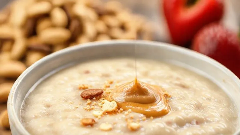 photorealistic, professional photography, 8K, cinematic lighting, sharp focus, depth of field, shot on a high-end DSLR. A close-up of a bowl of fruit porridge, with a small, perfectly measured sprinkle of crushed almonds and a delicate drizzle of natural peanut butter, contrasting with an out-of-focus background showing an excessive heap of mixed nuts and a large dollop of peanut butter, highlighting the importance of portion control for calorie-dense toppings.