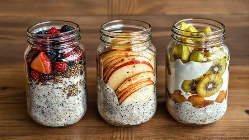 photorealistic, professional photography, 8K, cinematic lighting, sharp focus, depth of field, shot on a high-end DSLR. A visually appealing flat lay of three different meal-prepped breakfast jars, each containing a unique variation of fruit porridge: one with berries and chia, another with sliced apple and cinnamon, and a third with kiwi and yogurt, all neatly arranged on a wooden table, emphasizing variety and organized meal planning for a healthy lifestyle.