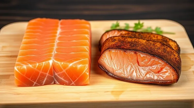 A photorealistic image of two salmon fillets side-by-side on a light wooden cutting board. One is a raw, vibrant pink fresh salmon fillet, perfectly portioned. The other is a thinly sliced, delicately smoked salmon fillet, slightly glistening. Both are presented with minimal garnish, sharp focus on the textures, professional photography, 8K, cinematic lighting, depth of field, shot on a high-end DSLR, emphasizing natural quality.