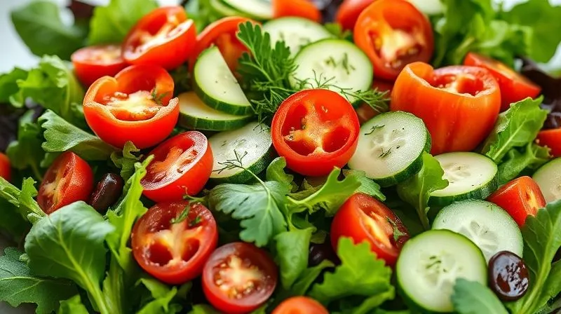 A photorealistic, professional photography, 8K, cinematic lighting, sharp focus, depth of field, shot on a high-end DSLR of a vibrant, colorful base for a fitness salad. It features a generous bed of mixed greens (spinach, arugula, romaine), topped with finely sliced red bell peppers, cherry tomatoes, cucumber ribbons, and a sprinkle of fresh dill. The colors are rich and inviting, emphasizing freshness and natural beauty.