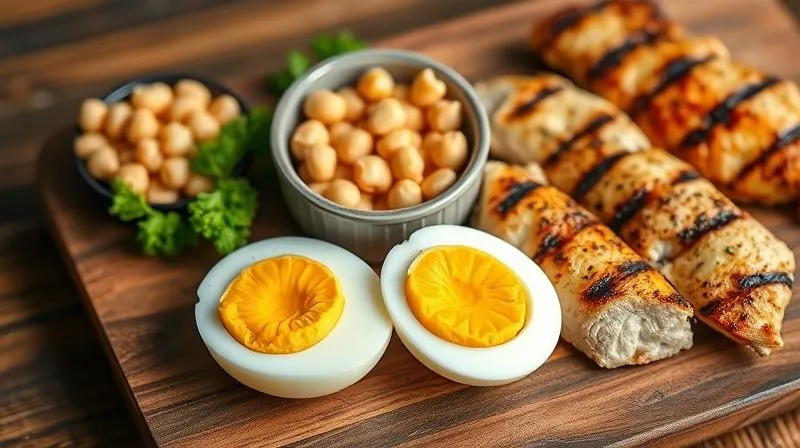 A photorealistic, professional photography, 8K, cinematic lighting, sharp focus, depth of field, shot on a high-end DSLR of a selection of healthy protein sources suitable for a fitness salad. The image features perfectly boiled eggs sliced in half, a small bowl of cooked chickpeas, and grilled chicken breast strips, all arranged aesthetically on a rustic wooden board, emphasizing fresh and natural ingredients.