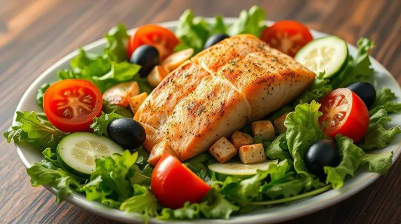 A photorealistic, professional photography, 8K, cinematic lighting, sharp focus, depth of field, shot on a high-end DSLR of a beautifully arranged 'Mediterranean Lightness' salmon salad. It features a generous bed of mixed greens, flaked grilled salmon, cherry tomatoes, cucumber, black olives, and a light lemon-herb vinaigrette. The composition is elegant and fresh, emphasizing healthy eating and vibrant colors.