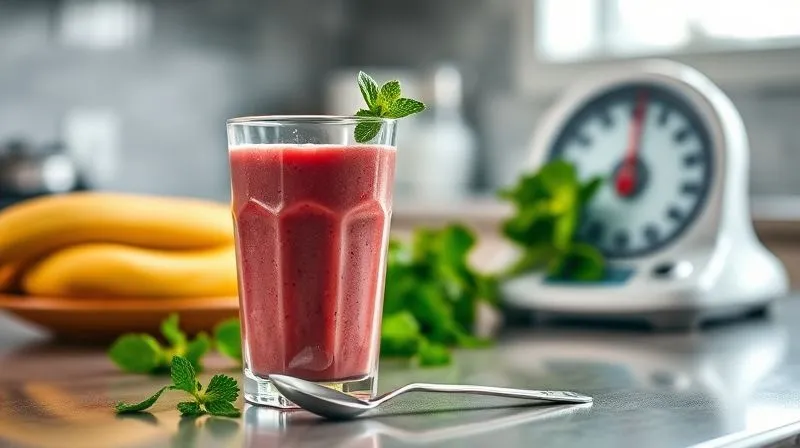 photorealistic, professional photography, 8K, cinematic lighting, sharp focus, depth of field, shot on a high-end DSLR. A vibrant, fresh protein smoothie glass on a kitchen counter, with a small, precise measuring spoon next to it, and a scale in the background, emphasizing portion control and calorie awareness.