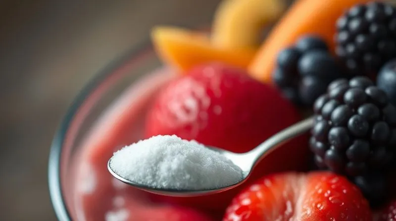 photorealistic, professional photography, 8K, 4K, cinematic lighting, sharp focus, depth of field, shot on a high-end DSLR. A close-up of a vibrant fruit bowl, with a single spoonful of white sugar subtly highlighted in the foreground, representing the hidden sweetness and the need for awareness in healthy smoothie preparation.