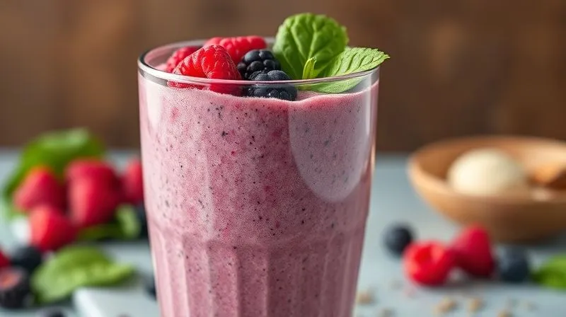 photorealistic, professional photography, 8K, cinematic lighting, sharp focus, depth of field, shot on a high-end DSLR. A vibrant, perfectly layered protein smoothie in a glass, with all the ideal ingredients like spinach, berries, protein powder, and chia seeds visible, suggesting a balanced and well-prepared meal, evoking health and vitality.