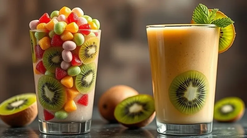 Photorealistic comparison of two glasses of kiwi smoothie: one overflowing with excessive sugary ingredients like candy and syrup, looking overly sweet and artificial; the other, a perfectly portioned, natural kiwi smoothie with fresh fruit and a hint of greens, looking refreshing and healthy. Cinematic lighting, sharp focus, 8K.