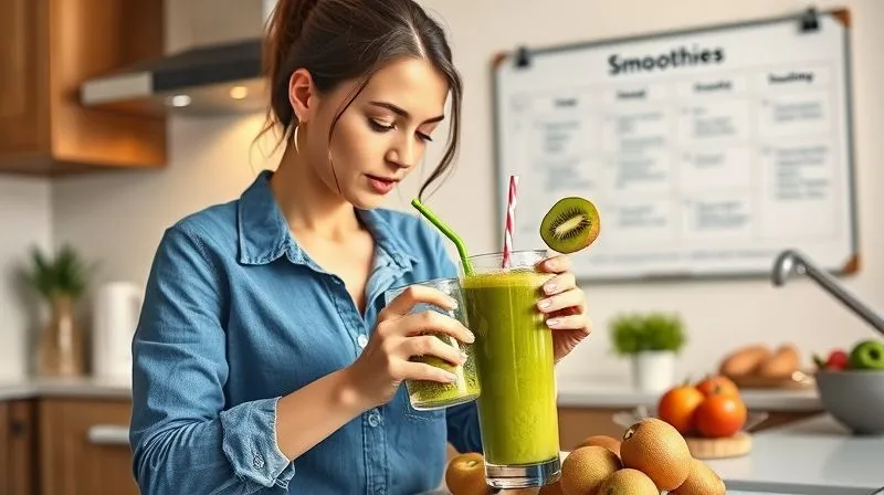Photorealistic image of a woman thoughtfully preparing a healthy kiwi smoothie in a modern kitchen, carefully measuring ingredients. In the background, a whiteboard with a balanced meal plan is visible, emphasizing smoothies as part of a larger strategy. Soft, natural lighting, sharp focus, 8K.