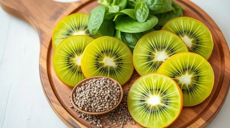 Photorealistic close-up of fresh, vibrant kiwi slices, a handful of spinach, a spoon of chia seeds, and a scoop of protein powder, artfully arranged on a rustic wooden board, ready for a healthy smoothie. Natural daylight, sharp focus on the textures, 8K.
