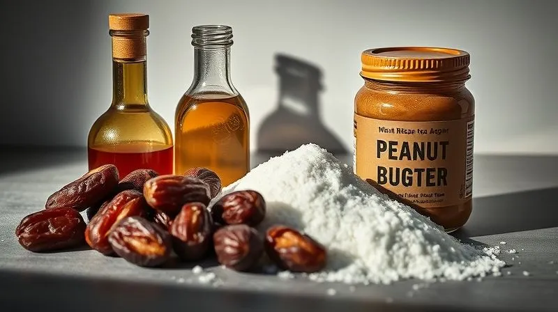 Photorealistic, professional photography, 8K, cinematic lighting, sharp focus, depth of field, shot on a high-end DSLR, of various 'healthy' ingredients like dried dates, a bottle of agave syrup, and a jar of peanut butter (with a blurred ingredients label showing added sugar) artfully arranged next to a small pile of white refined sugar, all casting long shadows to metaphorically represent hidden sugar traps in seemingly innocuous foods. The scene is slightly desaturated to emphasize the subtle danger.