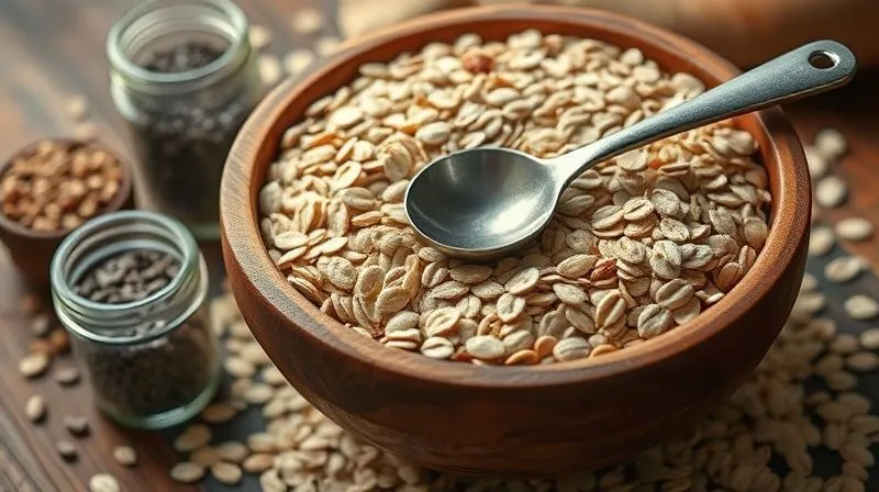 Photorealistic, professional photography, 8K, cinematic lighting, sharp focus, depth of field, shot on a high-end DSLR, of a rustic wooden bowl overflowing with rolled oats, surrounded by small glass jars of chia seeds, flax seeds, and psyllium husks. The ingredients are brightly lit with natural light, emphasizing their wholesome and natural qualities. A measuring spoon is gently resting on the oats, suggesting preparation.