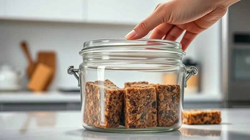 Photorealistic, professional photography, 8K, cinematic lighting, sharp focus, depth of field, shot on a high-end DSLR, of perfectly portioned homemade protein bars neatly arranged in a clear, airtight glass container on a clean kitchen counter. A hand is reaching to place the lid on the container, suggesting fresh storage. The background shows a modern, minimalist kitchen, emphasizing cleanliness and organization. The lighting is bright and inviting, highlighting the healthy appeal of the bars.