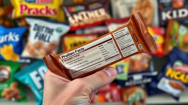Photorealistic, professional photography, 8K, cinematic lighting, sharp focus, depth of field, shot on a high-end DSLR, of a person's hand holding a packaged protein bar, with a clear focus on the nutritional label. The label text is slightly blurred but readable, highlighting sections like 'Sugars', 'Protein', and 'Ingredients'. In the background, out of focus, are various packaged snacks, some with misleading 'healthy' claims, emphasizing the act of informed label reading.