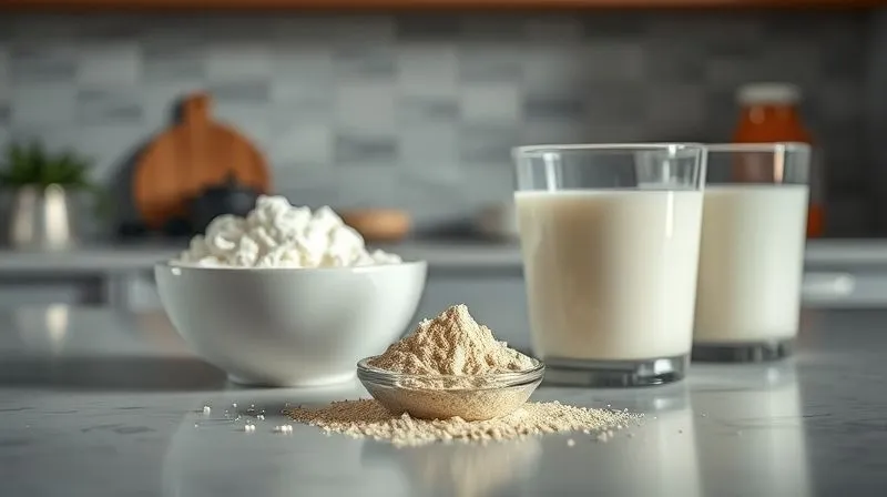 Photorealistic, professional photography, 8K, cinematic lighting, sharp focus, depth of field, shot on a high-end DSLR. A clean, modern kitchen counter with a scoop of protein powder next to a bowl of Greek yogurt and a glass of milk, suggesting healthy protein sources. Soft, even lighting illuminates the ingredients.