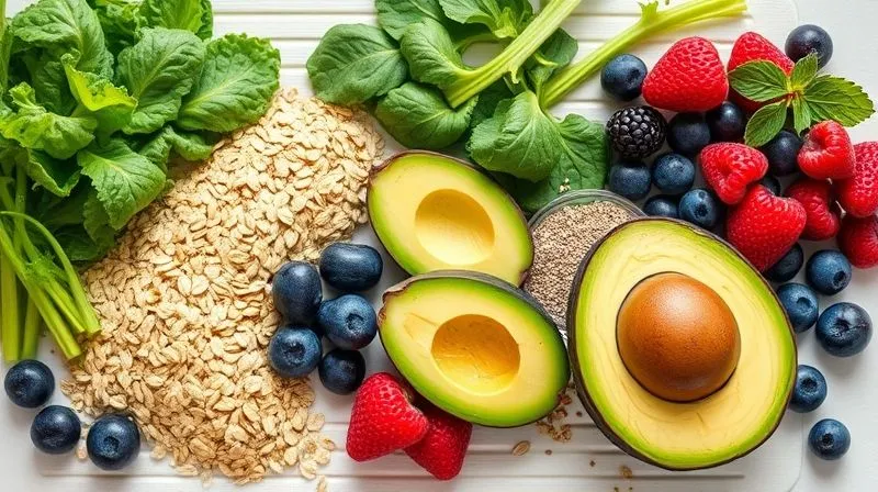 Photorealistic, professional photography, 8K, cinematic lighting, sharp focus, depth of field, shot on a high-end DSLR. A vibrant, colorful array of fresh smoothie ingredients laid out on a clean white cutting board: spinach, kale, rolled oats, various berries, chia seeds, and a sliced avocado, emphasizing healthy and balanced components. Bright, natural light.