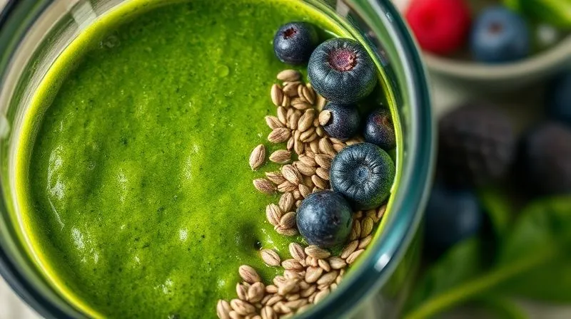 A close-up, photorealistic image of a glass blender filled with vibrant green smoothie ingredients, including spinach, chia seeds, and berries, with a visible texture of fiber-rich components. Professional photography, 8K, cinematic lighting, sharp focus, depth of field, shot on a high-end DSLR.