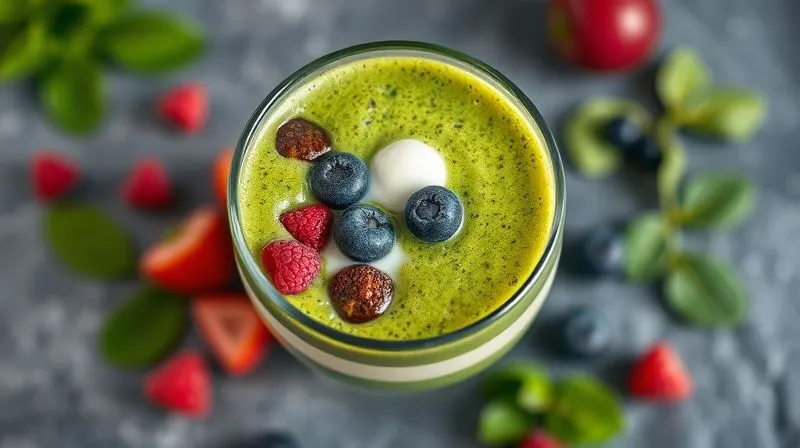 A photorealistic, top-down shot of a perfectly balanced smoothie in a clear glass, showing distinct layers of vibrant greens, creamy protein, and colorful berries, suggesting a harmonious blend of ingredients for sustained energy. Professional photography, 8K, cinematic lighting, sharp focus, depth of field, shot on a high-end DSLR.