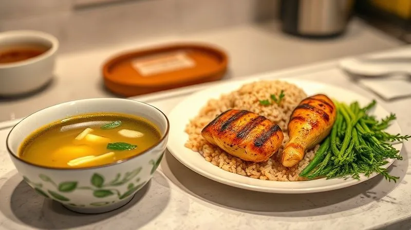 Photorealistic image of a kitchen counter with a clear transition from a bowl of simple cabbage soup on one side to a plate with a grilled chicken breast, a small portion of brown rice, and steamed green vegetables on the other. The lighting is soft and natural, emphasizing freshness and healthy eating. Professional photography, 8K, cinematic lighting, sharp focus, depth of field, shot on a high-end DSLR.