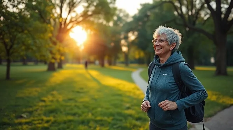 Photorealistic image of a person enjoying a brisk walk in a lush green park during sunrise, with soft, golden light filtering through the trees. The person is wearing comfortable athletic wear, smiling, and looks energetic. Professional photography, 8K, cinematic lighting, sharp focus on the person, depth of field blurring the background, shot on a high-end DSLR.