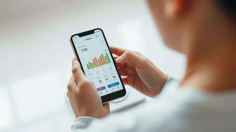 Photorealistic image of a person tracking their progress on a digital health app on a smartphone, with a small, discreet weighing scale in the background. The scene is bright and clean, suggesting order and control. Professional photography, 8K, cinematic lighting, sharp focus on the smartphone screen, depth of field blurring the background, shot on a high-end DSLR.