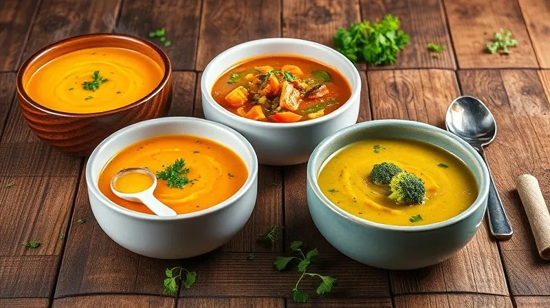 Photorealistic image of three different bowls of vibrant, healthy, low-calorie soups arranged artfully on a rustic wooden table. One is a creamy orange pumpkin soup, another a hearty minestrone with visible vegetables, and the third a green broccoli soup. Fresh herbs are scattered around, and cinematic lighting highlights the steam rising from the bowls. Professional photography, 8K, cinematic lighting, sharp focus, depth of field, shot on a high-end DSLR.