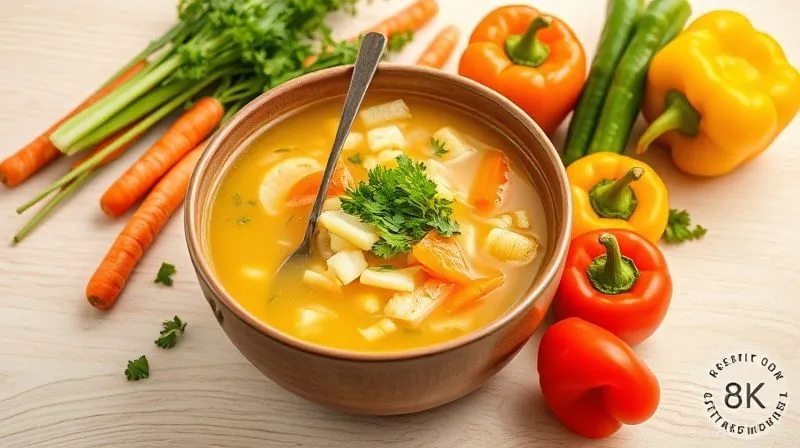 Photorealistic image of a vibrant, steaming bowl of cabbage soup, surrounded by fresh, colorful vegetables like carrots, celery, and bell peppers on a light wooden table. The scene conveys health and simplicity, with soft, natural lighting. Professional photography, 8K, cinematic lighting, sharp focus, depth of field, shot on a high-end DSLR.