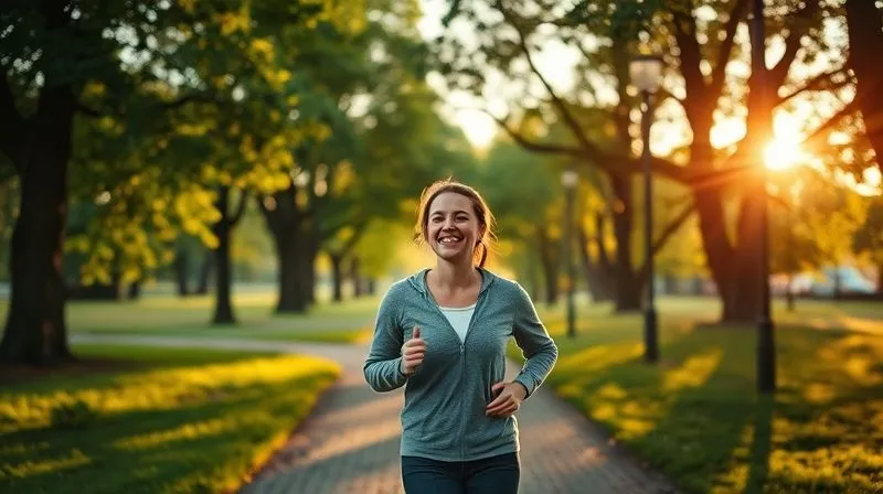 Photorealistic image of a person enjoying a brisk walk in a park during sunrise, with lush green trees and a gentle path. The person is smiling, showing energy and vitality. Soft, warm cinematic lighting, sharp focus on the person, depth of field blurring the background. Professional photography, 8K, shot on a high-end DSLR.
