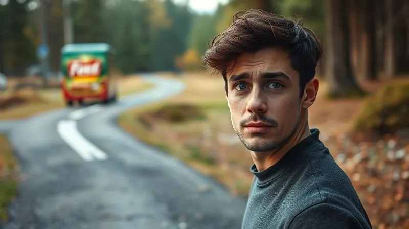A photorealistic image showing a person standing at a crossroads, looking confused and slightly overwhelmed, with one path leading to unhealthy fast food and another to a challenging but rewarding trail. The scene is metaphorical for making healthy choices after a diet. Cinematic lighting, sharp focus on the person's face, depth of field. Professional photography, 8K, shot on a high-end DSLR.