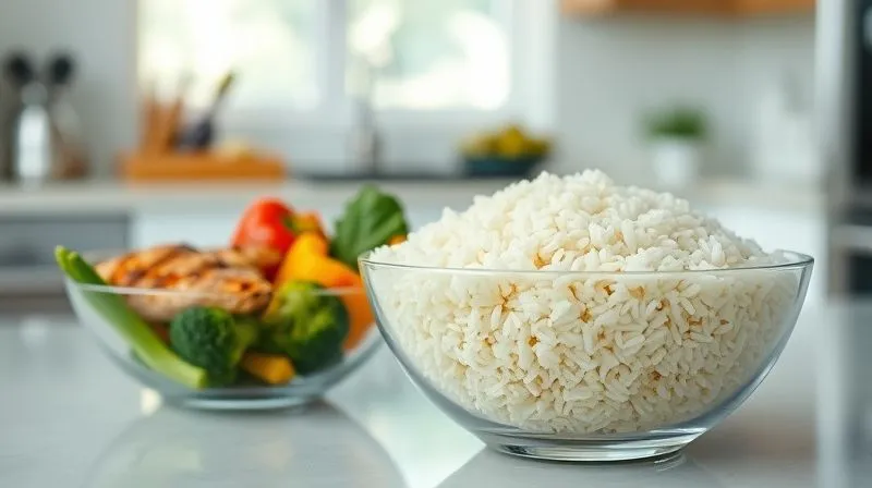 Photorealistic, professional photography, 8K, cinematic lighting, sharp focus, depth of field, shot on a high-end DSLR. A clear glass bowl containing fluffy white rice groats, with a separate, smaller bowl of lean protein (grilled chicken) and another with colorful vegetables (broccoli, bell peppers) next to it, symbolizing a balanced meal. The background is a clean, modern kitchen with soft, natural light.