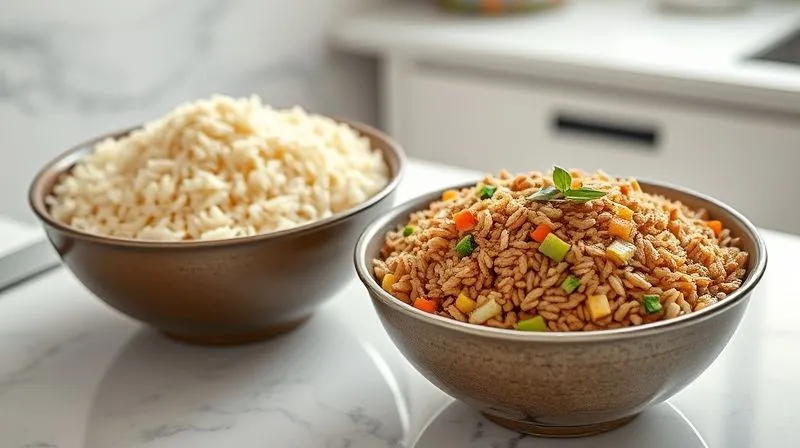 Photorealistic, professional photography, 8K, cinematic lighting, sharp focus, depth of field, shot on a high-end DSLR. A kitchen counter with two bowls of rice groats. One bowl contains plain, white, overcooked rice groats. The other bowl contains perfectly cooked, al dente brown rice groats, mixed with colorful chopped vegetables and a drizzle of olive oil, symbolizing the difference in glycemic index control. Soft, diffused natural light highlights the textures.