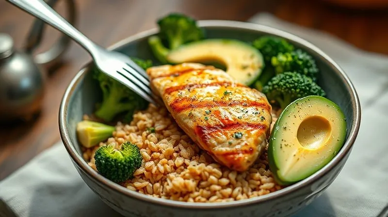 Photorealistic, professional photography, 8K, cinematic lighting, sharp focus, depth of field, shot on a high-end DSLR. A beautifully plated, colorful bowl of a balanced meal featuring brown rice groats, grilled chicken breast, steamed green broccoli florets, and sliced avocado, drizzled with a light dressing. The scene evokes freshness and health, with soft, inviting light. A fork is gently resting on the side of the bowl.