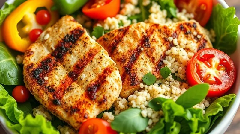 Photorealistic close-up of a vibrant, fresh salad bowl featuring grilled chicken, various leafy greens, colorful bell peppers, cherry tomatoes, and a generous sprinkle of quinoa, shot with sharp focus and depth of field, 8K, cinematic lighting.