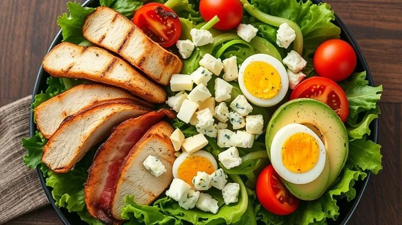 Photorealistic overhead shot of a beautifully plated, deconstructed Cobb salad with grilled chicken, crisp bacon, hard-boiled eggs, avocado slices, cherry tomatoes, and blue cheese crumbles, all arranged on a bed of fresh mixed greens, with a light vinaigrette dressing on the side, 8K, cinematic lighting, sharp focus.
