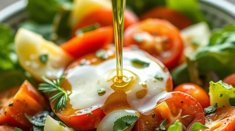 Photorealistic close-up of a homemade light vinaigrette dressing being drizzled over a fresh salad, highlighting the texture and sheen of the oil and herbs, with soft, natural light, 8K, sharp focus.