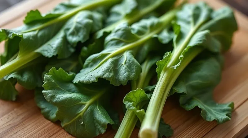 Photorealistic, professional photography, 8K, cinematic lighting, sharp focus, depth of field, shot on a high-end DSLR. A close-up of vibrant, fresh, crisp green kale leaves arranged neatly on a wooden cutting board, with a few drops of water still visible, suggesting freshness and readiness for preparation. Soft natural light illuminates the scene, highlighting the texture of the leaves.