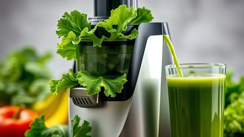 Photorealistic, professional photography, 8K, cinematic lighting, sharp focus, depth of field, shot on a high-end DSLR. A modern, sleek slow juicer in action, with vibrant green kale leaves being fed into it, and a stream of rich green juice flowing into a glass. The background shows blurred fresh fruits and vegetables, emphasizing the juicing process. Cinematic lighting highlights the texture of the juice and the machine.
