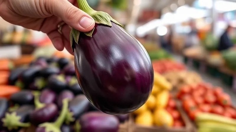 A photorealistic image of a hand carefully selecting a vibrant, deep purple, smooth and glossy eggplant from a display at a bustling farmer's market. The eggplant is perfectly ripe, with a fresh green stem. Soft, natural lighting, sharp focus on the eggplant, depth of field blurring the market background, 8K hyper-detailed, shot on a high-end DSLR.