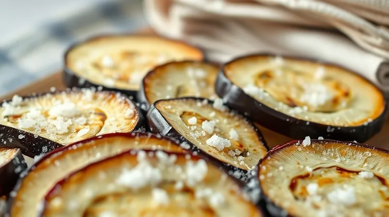 A close-up, photorealistic shot of eggplant slices generously sprinkled with coarse sea salt, glistening with beads of moisture forming on their surface. A stack of paper towels is visible nearby, ready for drying. Cinematic natural light, sharp focus on the salt crystals and water droplets, shallow depth of field, 8K hyper-detailed, shot on a high-end DSLR, conveying a sense of preparation and anticipation.