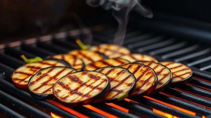 A professional, photorealistic image of perfectly grilled eggplant slices with distinct grill marks, arranged on a hot barbecue grill. A subtle wisp of smoke rises, creating a sense of fresh cooking. Cinematic lighting, sharp focus on the eggplant, depth of field showing the grill grates, 8K hyper-detailed, shot on a high-end DSLR, conveying healthy and delicious outdoor cooking.