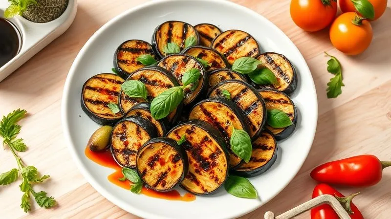 A vibrant, photorealistic overhead shot of grilled eggplant slices beautifully arranged on a white ceramic plate, generously garnished with fresh basil leaves, chopped parsley, and a drizzle of light balsamic glaze. The plate is on a light wooden table, with hints of other fresh, colorful ingredients in the background. Bright, natural light, sharp focus on the food, shallow depth of field, 8K hyper-detailed, shot on a high-end DSLR, conveying a sense of fresh, healthy, and inviting vegetarian cuisine.