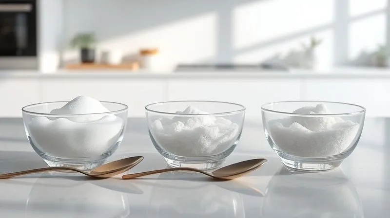 A photorealistic comparison of different natural sweeteners (erythritol, stevia, xylitol) in small, elegant glass bowls, with a spoon for tasting. The background is a clean, modern kitchen counter, with soft, natural lighting emphasizing the crystalline textures. Sharp focus, depth of field. 8K hyper-detailed, professional photography.