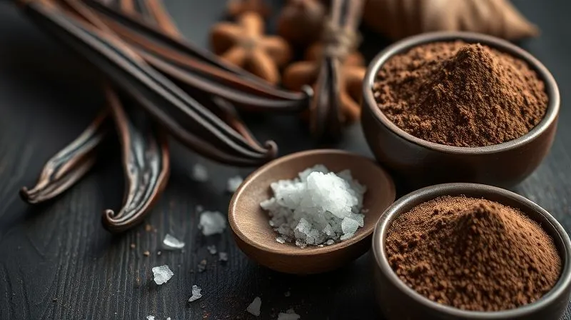 A photorealistic close-up of various natural flavor enhancers: vanilla beans and extract, a pinch of sea salt on a wooden spoon, and a small bowl of unsweetened cocoa powder, arranged artfully on a dark, rustic wooden surface. Cinematic lighting, sharp focus on the textures, depth of field. 8K hyper-detailed, professional photography.