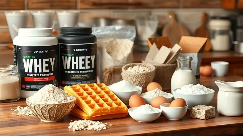 Photorealistic, professional photography, 8K, cinematic lighting, sharp focus, depth of field, shot on a high-end DSLR, a meticulously arranged collection of protein waffle ingredients on a rustic wooden kitchen counter: various types of protein powders in elegant containers (whey, casein, plant-based), different flours (oat, rice, almond), fresh eggs, a bowl of baking powder, and a small jug of milk, all bathed in soft morning light, evoking a sense of healthy preparation.