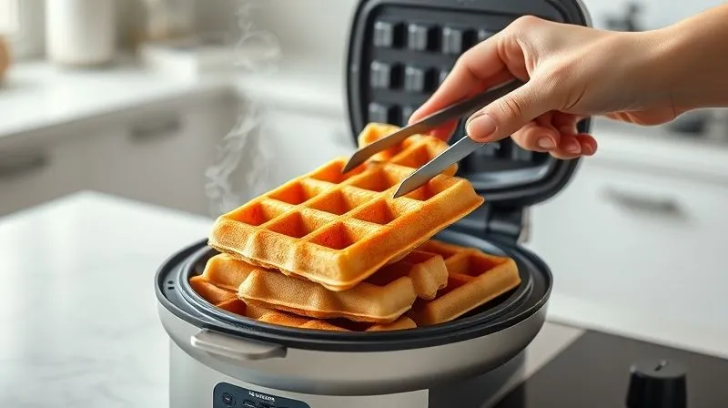 Photorealistic, professional photography, 8K, cinematic lighting, sharp focus, depth of field, shot on a high-end DSLR, a modern, sleek waffle iron open, revealing perfectly golden-brown, crispy protein waffles inside, steam gently rising. A hand is carefully removing one waffle with tongs, emphasizing its perfect texture. The background is a clean, minimalist kitchen setting.