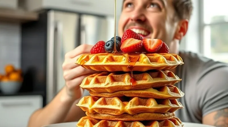Photorealistic, professional photography, 8K, cinematic lighting, sharp focus, depth of field, shot on a high-end DSLR, a happy and fit person joyfully eating a stack of perfectly golden-brown, crispy protein waffles topped with fresh berries and a drizzle of syrup, in a bright and modern kitchen. The emotion should be pure delight and satisfaction with a healthy, delicious meal.