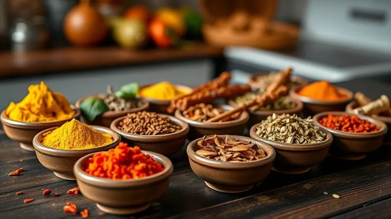 photorealistic, professional photography, 8K, cinematic lighting, sharp focus, depth of field, shot on a high-end DSLR. A vibrant, colorful array of various spices in small ceramic bowls, including turmeric, cumin, paprika, coriander, and chili flakes, artfully arranged on a dark wooden surface, with a blurred background of a kitchen. The spices look fresh and aromatic.