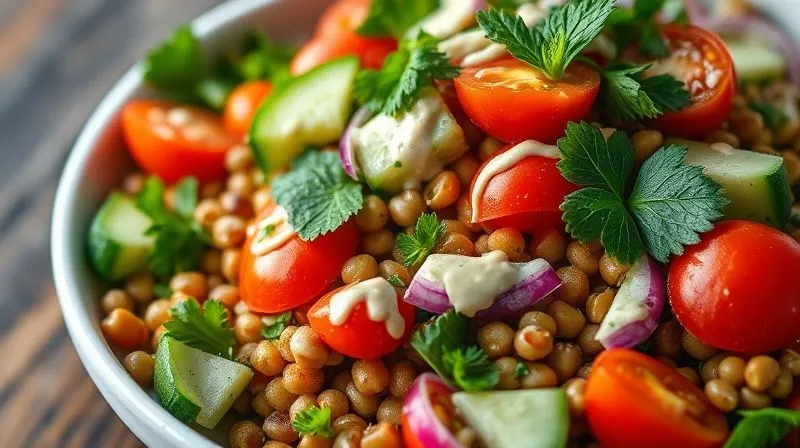 photorealistic, professional photography, 8K, cinematic lighting, sharp focus, depth of field, shot on a high-end DSLR. A vibrant, fresh lentil salad with cherry tomatoes, cucumber, red onion, and a generous amount of fresh parsley and mint, drizzled with a creamy tahini-lemon dressing. The textures are varied and appealing, emphasizing freshness and flavor.