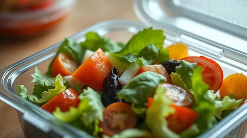 A close-up, photorealistic image of a beautiful, fresh salad starting to wilt and become soggy in a poorly packed lunchbox, with condensation visible on the inside of the container. Cinematic lighting highlights the contrast between fresh and wilting elements, 8K, sharp focus, depth of field, shot on a high-end DSLR.